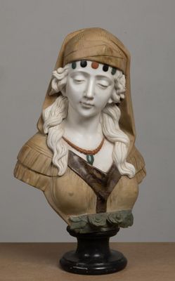 bust of a woman wearing a hat and holding a branch