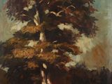 a painting of a large tree in a field with a sky background