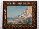 une peinture à l'huile représentant une scène de plage avec des maisons au bord de l'eau