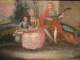 tableau représentant une famille avec une guitare et un chien dans un paysage