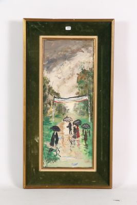 tableau représentant des personnes marchant sous la pluie avec des parapluies par une journée ensoleillée