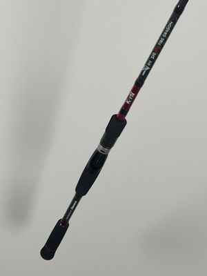 a close up of a fishing rod on a white background