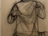 drawing of a man holding a bowl of food in front of his face