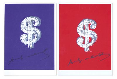 deux tableaux représentant un symbole « $ » et un autre symbole « $ » sur un fond rouge, bleu et violet