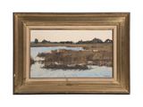 une image représentant un tableau d'un marais avec de l'eau et des roseaux