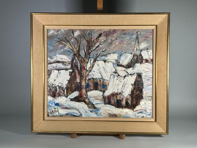 une peinture à l'huile représentant un paysage enneigé avec une église en arrière-plan