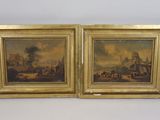 paire de peintures à l'huile anciennes représentant un paysage avec une scène de village