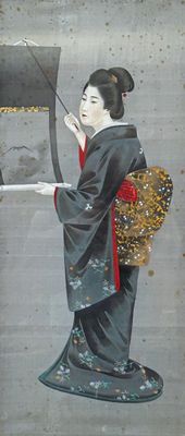 tableau représentant une femme vêtue d'un kimono tenant un parapluie
