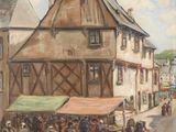 une peinture à l'huile représentant une scène de rue avec des passants faisant leurs courses devant un immeuble