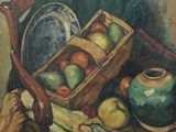 a painting of a basket of fruit and vegetables on a table