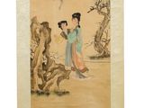 peinture chinoise sur rouleau représentant une femme et un lion