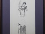 a drawing of a man and a dog in a chair