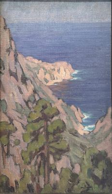 une peinture à l'huile représentant une vue de l'océan depuis une falaise