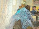 peinture d'une femme en robe bleue assise sur une chaise