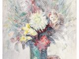 a painting of flowers in a vase on a table