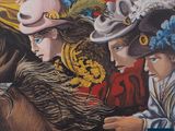 painting of a group of people riding on the backs of horses