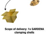 an image of a box with a fish inside of it and the words scope of delivery 1x gardena clamping shells