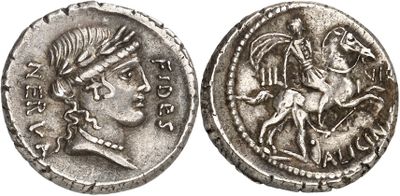 a silver coin with an image of a man riding a horse