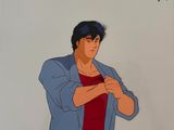 an animation drawing of a man in a red shirt and blue jacket