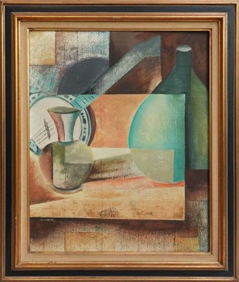 une peinture à l'huile représentant une nature morte avec un pichet et une bouteille