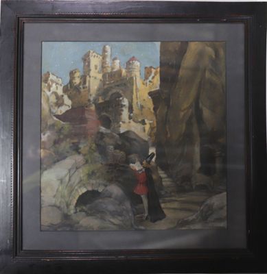 tableau représentant un homme et une femme debout devant un château