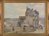 an image of a painting of a street scene with a horse drawn carriage