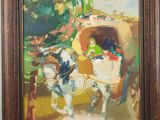 une peinture à l'huile représentant un cheval tirant une calèche avec des passagers à bord