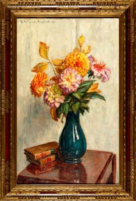une peinture de fleurs dans un vase bleu sur une table