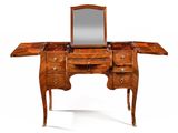 an image of a wooden desk with a mirror on top of it