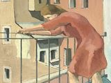 un tableau représentant une femme sur un balcon, regardant des immeubles