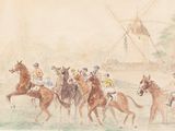 tableau représentant un groupe de personnes à cheval dans un champ, avec un moulin à vent en arrière-plan