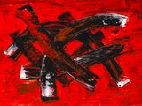 abstract painting of red and black brush strokes on a red background