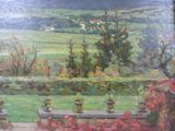 a painting of a garden with a bench and flowers in the foreground