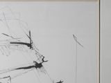 a black and white drawing of a sailboat in the water