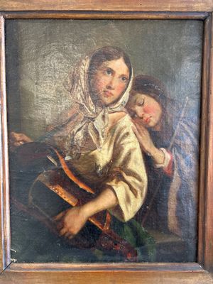 une peinture ancienne représentant une femme tenant un enfant dans ses bras