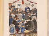 an old book with a picture of a group of people sitting at a table