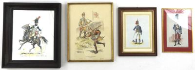 Ensemble de 4 gravures représentant des soldats en uniforme,…