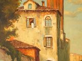 a painting of a building with a clock tower in the background