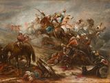 tableau représentant un groupe d'hommes à cheval au milieu d'un champ de terre battue