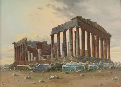 un tableau représentant un vieux bâtiment au milieu d'un champ