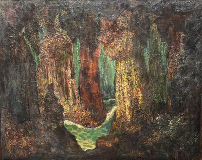 an oil painting of a boat in the middle of a forest
