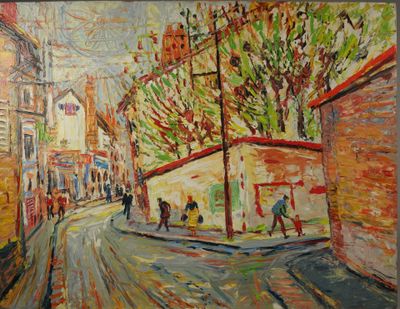 peinture d'une scène de rue avec des personnes marchant dans la rue
