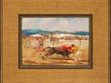 une peinture à l'huile représentant un cheval et son cavalier sur une plage de sable