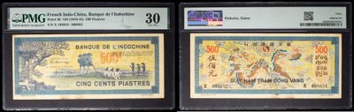 three different types of currency are on display in a display case