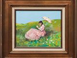 an oil painting of a woman in a pink dress sitting in a field holding an umbrella