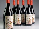 six bottles of red wine are lined up in a row