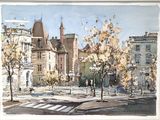 a watercolor painting of a city street scene