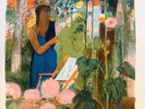 a painting of a woman reading a book in a garden