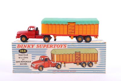 a red truck and a yellow truck in a box