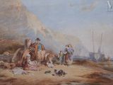 a painting of a group of people on horseback by the water